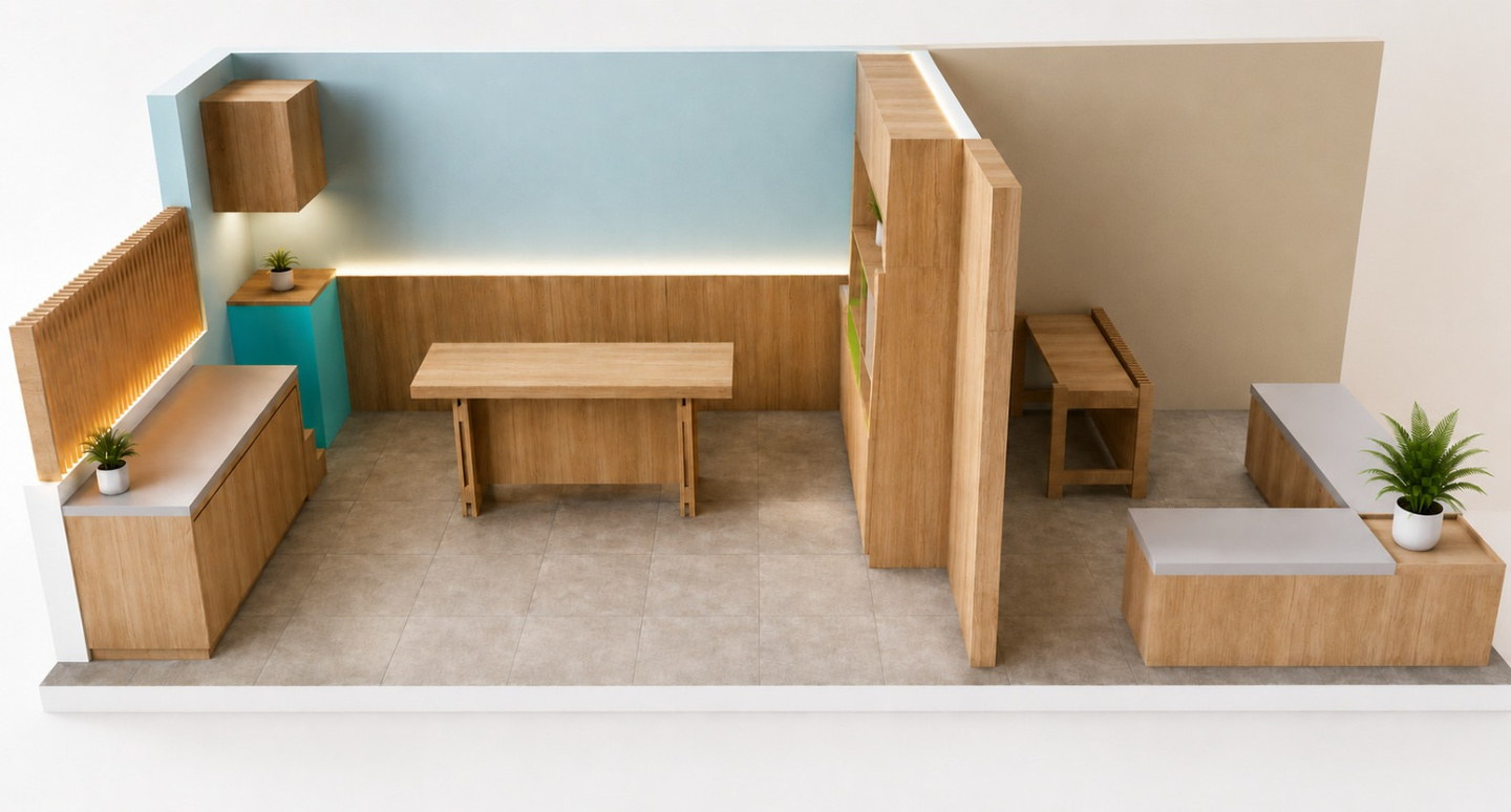 Render del consultorio 501: recepción con sillones de madera, muro celadón con repisa iluminada, mesa central y muro arena al fondo.