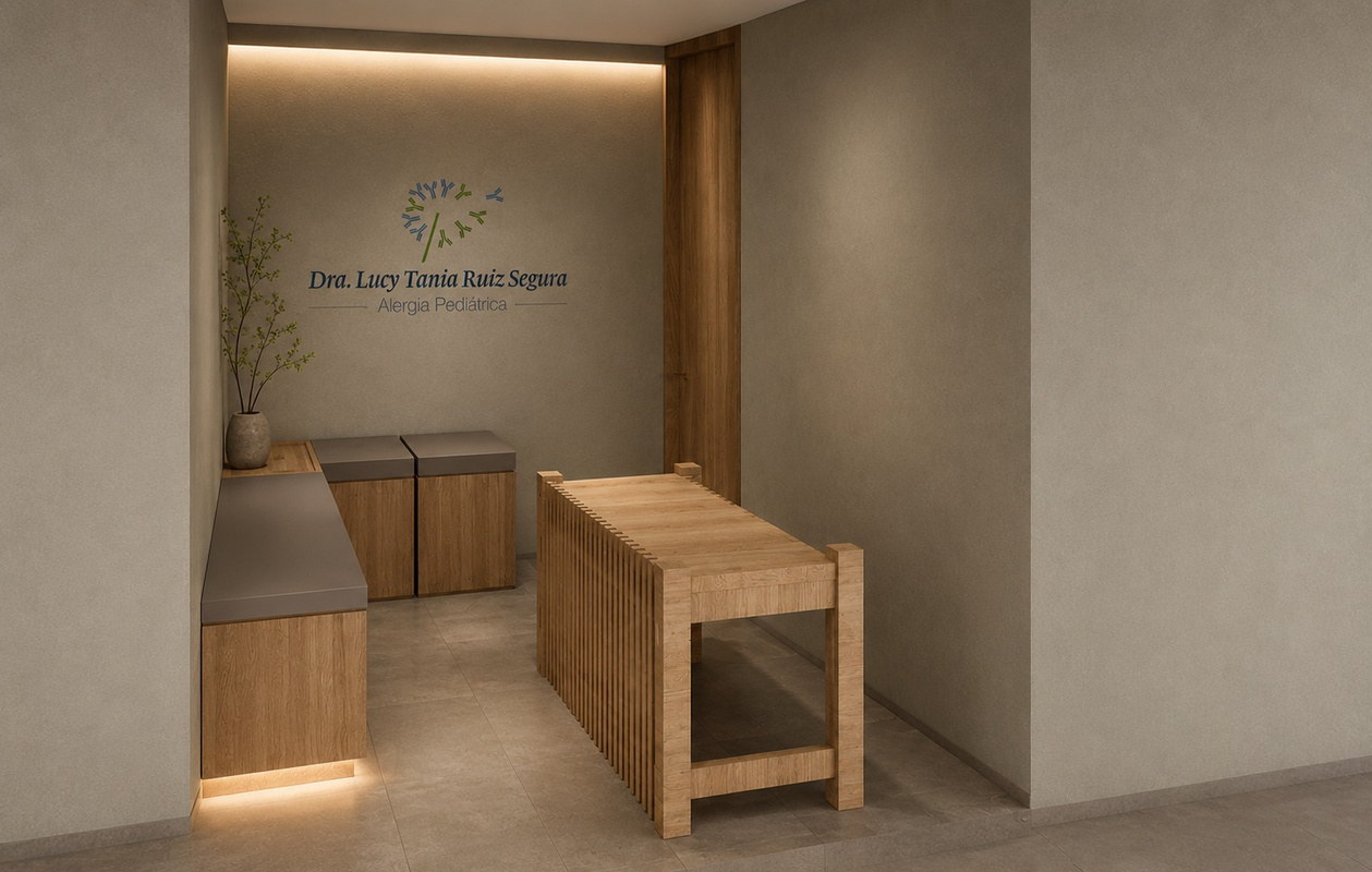 Render de la recepción: el logo de la doctora en el muro, un mueble de madera con lamas y una planta.
